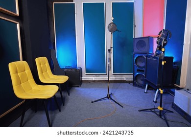 Interior of a recording studio, vocal training class and rehearsal space
