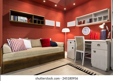 Interior Of Red Student (teenager) Room - Back To School