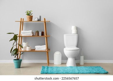 Interior of restroom with ceramic toilet bowl and shelving unit