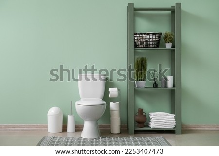Interior of restroom with ceramic toilet bowl, rug and shelving unit near green wall