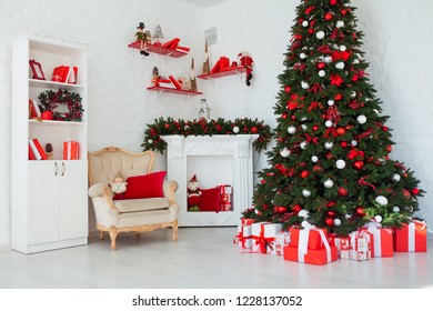 Interior Room Decorated In Christmas Style. No People. Home Comfort Of Modern House. Xmas Tree And Fireplace