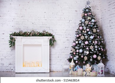 Interior Room Decorated In Christmas Style. No People. Home Comfort Of Modern House. Xmas Tree And Fireplace