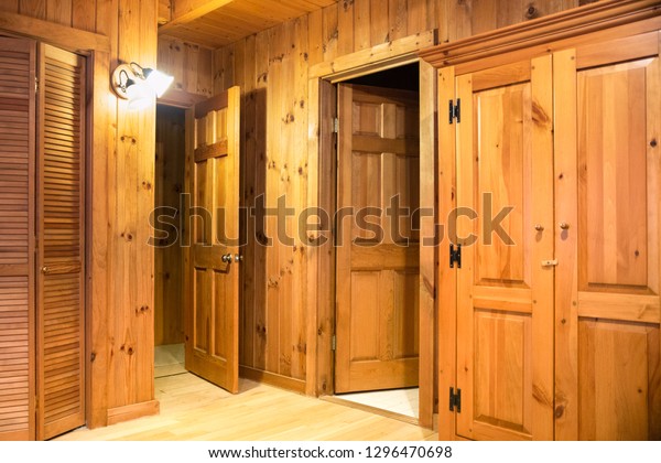 Interior Room Doors Wood Paneling Inside Stock Image