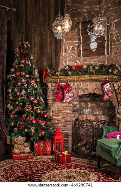 Interior Room Elegant Christmas Tree Fireplace Stock Photo Edit