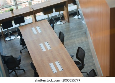 Interior Room With Table And Chair With Physical Distancing On The Office Room. Prevention Of Covid-19