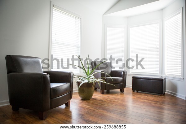 Interior room with wood\
laminate flooring, a large aloe plant and chairs.  Sun shining in\
the windows.