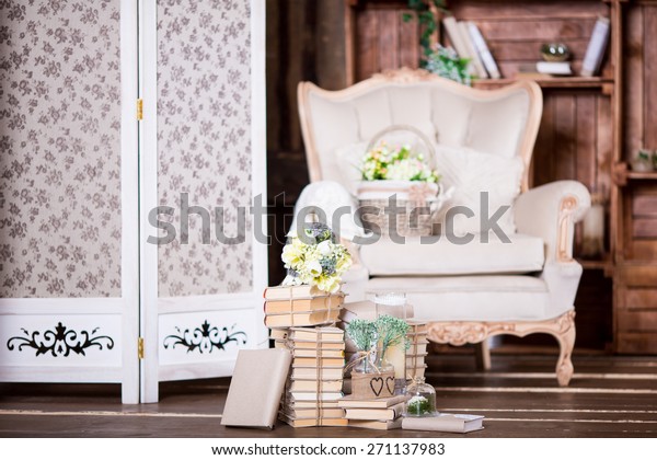 Interior Rustic Decoration Books Heap Candles Stock Photo