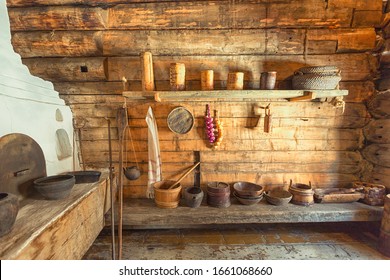 The interior of the rustic Russian hut