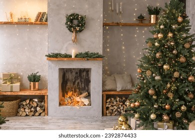 The interior of the Scandinavian-style living room, decorated for the Christmas holidays. Christmas tree next to the fireplace - Powered by Shutterstock