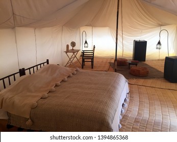 The Interior Of A Scarabeo Desert Glamping Tent In Agafay Desert, Morocco