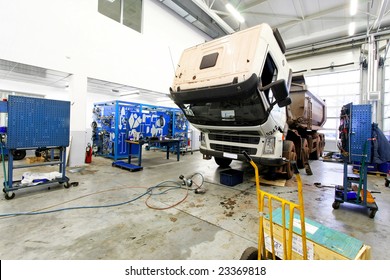 Interior Shot Of Big Truck Service Garage