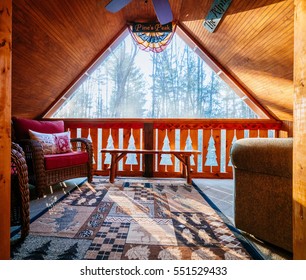 Interior Shot Of A Typical Adirondacks Wood Cabin In Upstate New York.