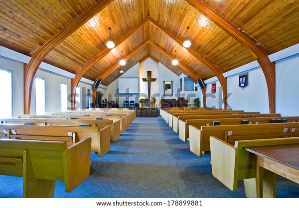 Interior Simple Church Vaulted Wooden Ceiling Stock Photo