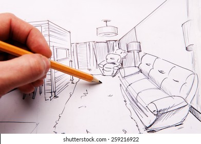 interior sketches, bedroom, living room, kitchen. - Shutterstock ID 259216922