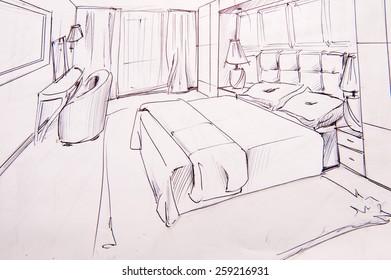perspective drawing of a bedroom