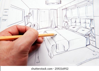 interior sketches, bedroom, living room, kitchen. - Shutterstock ID 259216952