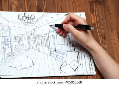 interior sketches, bedroom, living room, kitchen. - Shutterstock ID 405018568