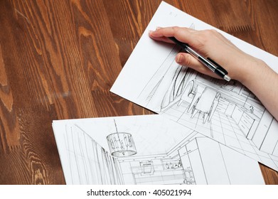 interior sketches, bedroom, living room, kitchen. - Shutterstock ID 405021994