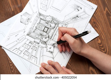 interior sketches, bedroom, living room, kitchen. - Shutterstock ID 405022054