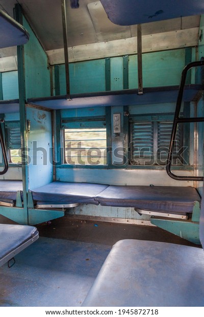 Interior of Sleeper\
class train coach in\
India