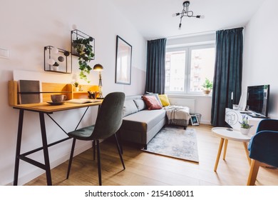 Interior of small apartment living room for home office. Real estate rent and home staging
