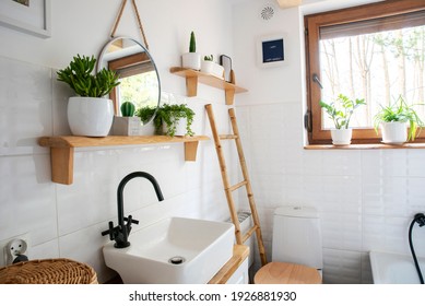 Interior of small bathroom with window, wooden decoration, shelf and ladder. Stylish wash basin and tap, round mirror on a white wall and plants on a shelf. Rustic bathroom in a cottage in rural style - Powered by Shutterstock