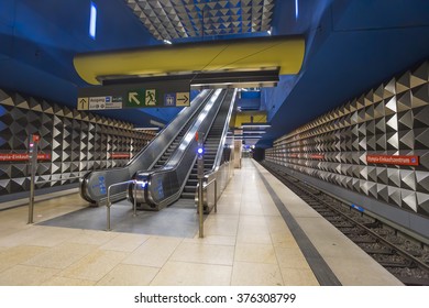 Interior Space Of Olympia-Einkaufszentrum U Bahn Station, Munich, Germany - 31 Jan 2016: It Is The Terminus Of The U1 And U3 Lines Of The Munich U-Bahn System. 