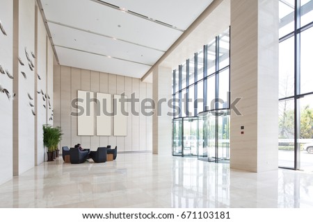 interior of spacious and bright entry hall in modern office building