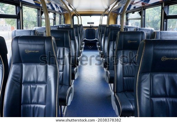 The interior of a\
Stagecoach gold bus with comfortable faux leather seating, Long\
Sutton. UK Aug 2021