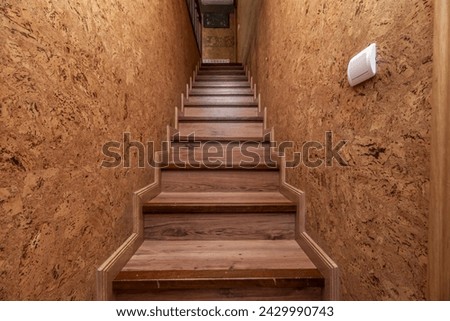 Interior staircase of a duplex residential house with walls covered in cork sheets
