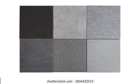 Interior Stone And Concrete Tile Samples In Square Shape Isolated On White Background With Clipping Path. Samples Made Of Granite And Quartz Stone For Flooring ,wall ,counter Top Works.