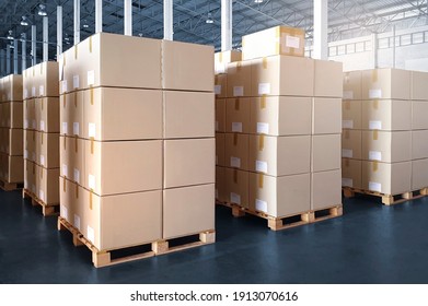 Interior of storage warehouse with packaging boxes stacked on pallet rack. shipping distribution warehouse. Supply chain. cargo shipment export- import. storehouse storage. Logistics