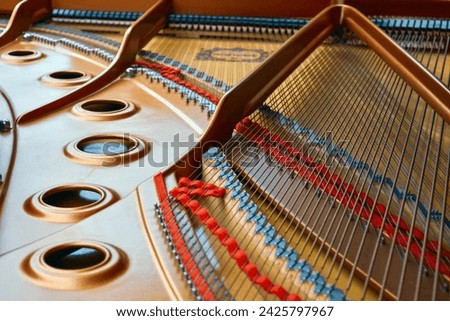 Interior and strings of a grand piano with the lid raised