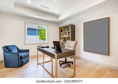 Interior Study Den Office Home Workspace Working From Home With Bookshelves Desk Chair Neutral Tones