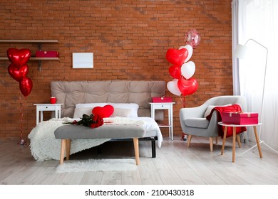 Interior of stylish bedroom decorated for Valentine's Day