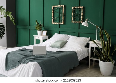 Interior Of Stylish Bedroom With Houseplants Near Green Wall