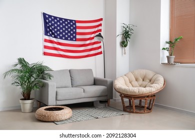 Interior of stylish living room with USA flag - Powered by Shutterstock