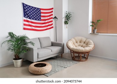 Interior of stylish living room with USA flag - Powered by Shutterstock