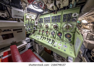 Interior Of Submarine. Periscope And Control Room Area.