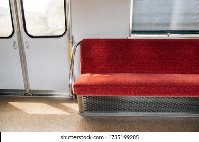 Interior Of Subway. Inside Japanese Metro Train. Empty Seats And Door