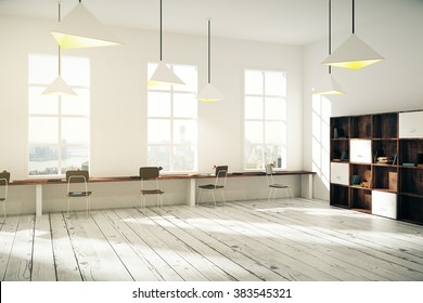 Interior of sunny creative office with wooden floor, windows and big desktop, 3D Render