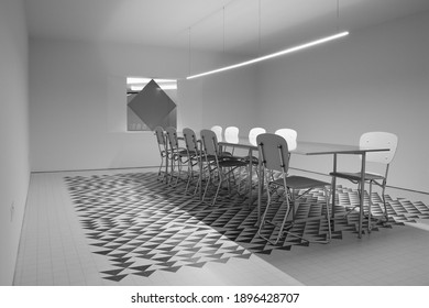 Interior Superstudio Style. Black And White. Minimal Design. Neon Light. Geometric Pattern