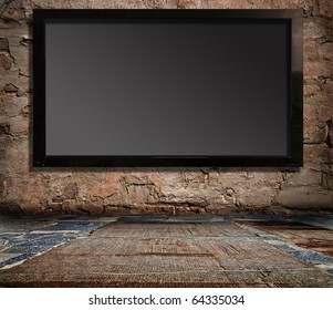 interior with a television set on an old wall