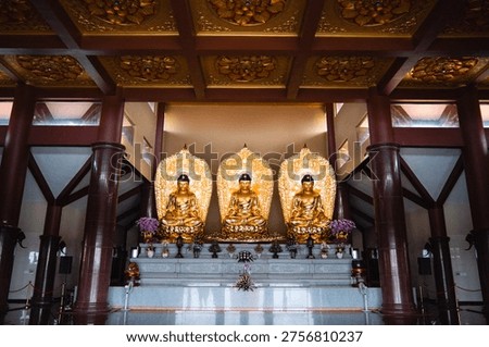 Interior temple altar with multiple Buddha statues and ornate ceiling, sacred space for cultural and religious themes