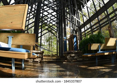 Interior Of The Thorncrown Chapel In Eureka Springs, Arkansas. Empty Pews Face The Front. The Forest Is Seen Through The Clear Windows. Picture Taken On October 18th, 2020 Following A Church Service.