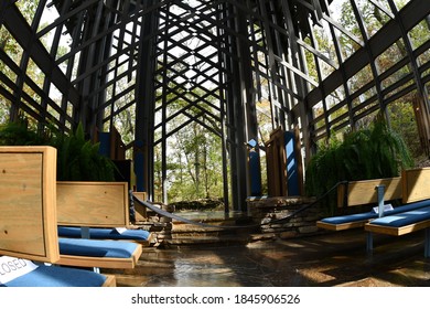 Interior Of The Thorncrown Chapel In Eureka Springs, Arkansas. Pews Face The Front. Trees Are Seen Through The Windows. Picture Taken On October 18th, 2020 Following A Church Service.