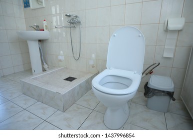 Interior of the toilet of the maternity department: seat, bowl, lavatory, washbasin, paper box. June 25, 2019. Kiev, Ukraine   - Shutterstock ID 1437996854