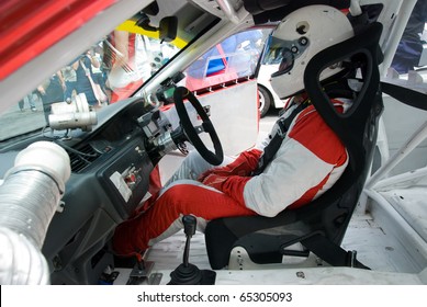 Interior Of Touring Car For Racing On Race Circuits With Driver In The Seat