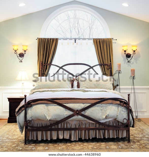 Interior Upscale Bedroom Arched Window Vaulted Stock Photo