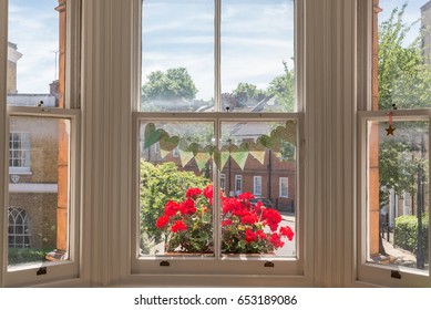 Interior Of A Victorian British House With Old Wooden White Windows  And Red Geraniums On The Window Sill Facing A Traditional English Street